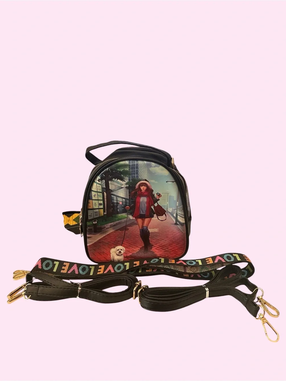 Black Anime Girl & Dog Convertible Mini Backpack Crossbody Bag